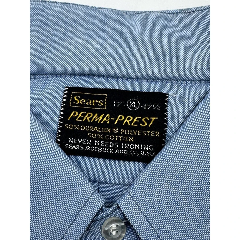 VTG 1970s Sears Perma-Prest Light Blue‎ Oxford Dress Shirt XL 17-17.5 USA